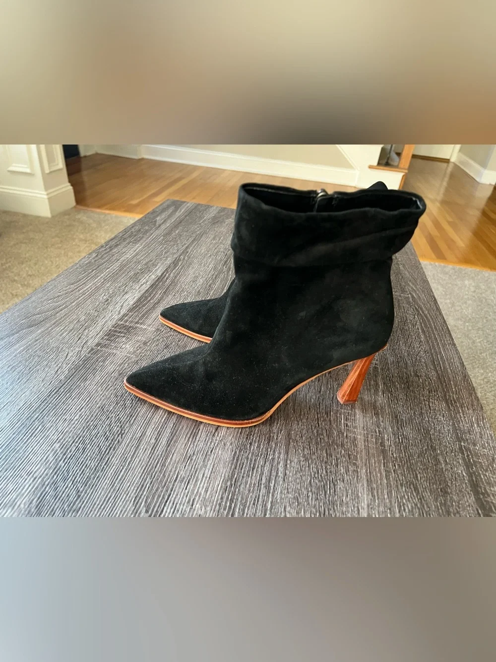 Vince Camuto Black Suede Pointed Ankle Booties with Wood Stacked Heel | Size 8